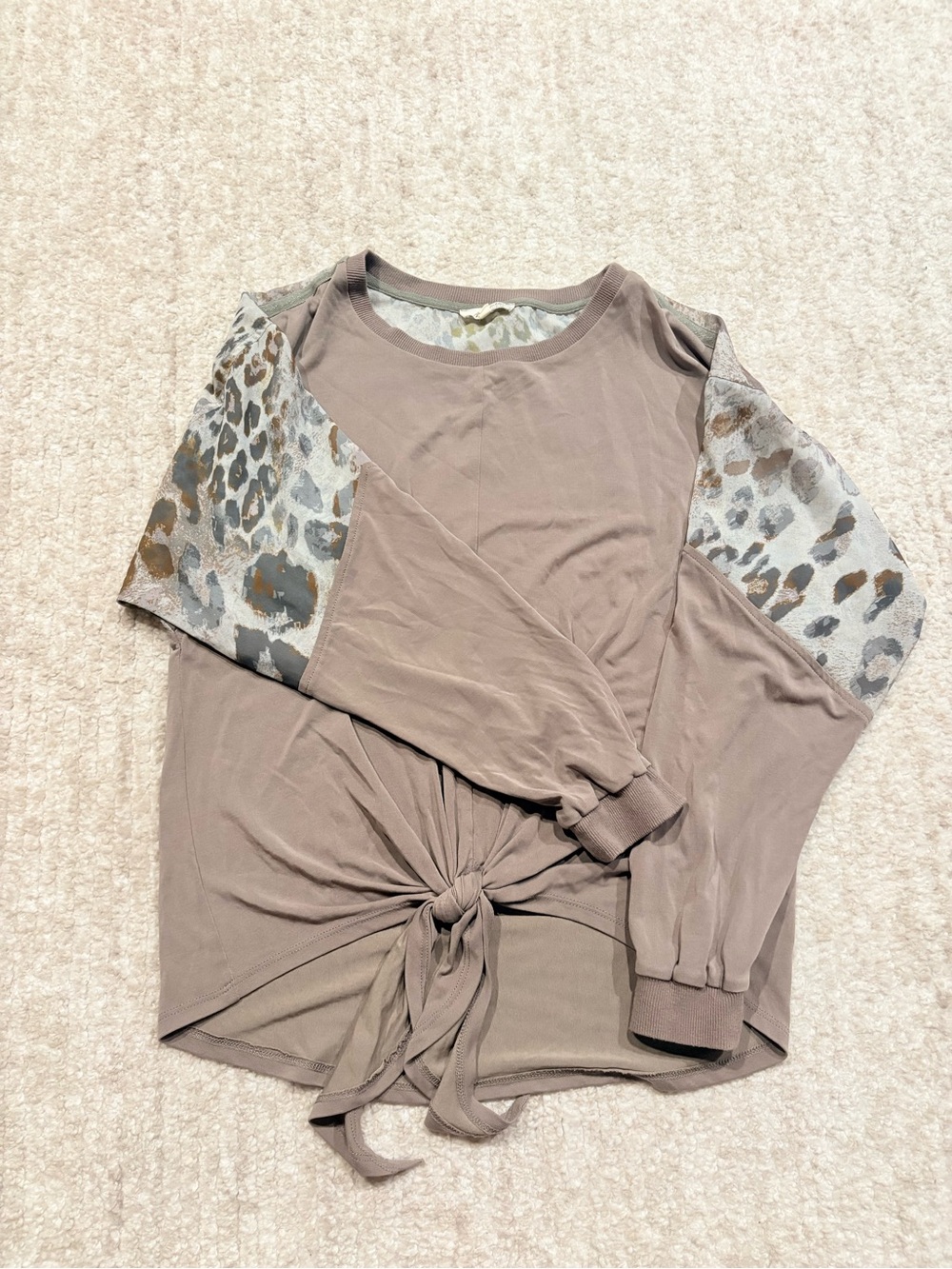Mystree Taupe Tie-Front Long Sleeve Boutique Top with Leopard Accent
